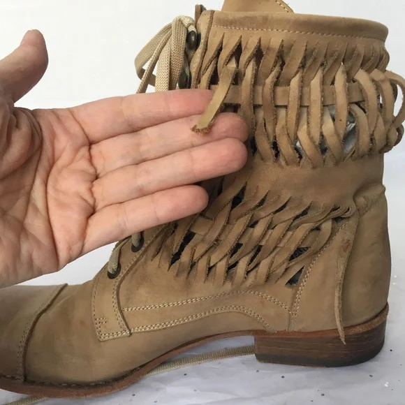 Barney's New York Brown Woven Leather Combat Boot 38.5 Lace up Bohemian Unique